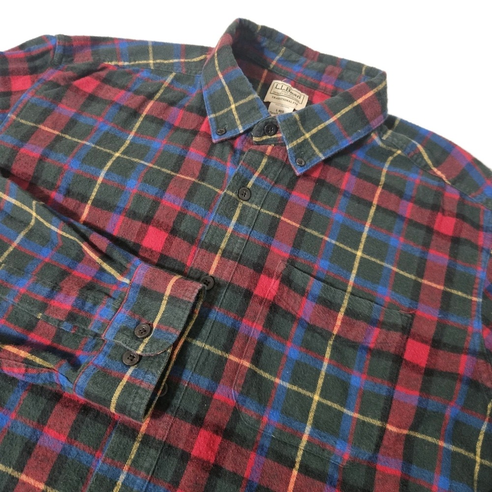 LL Bean  L Flannel Button Up Shirt Red Blue Plaid Large‎ Long Sleeve Pockets